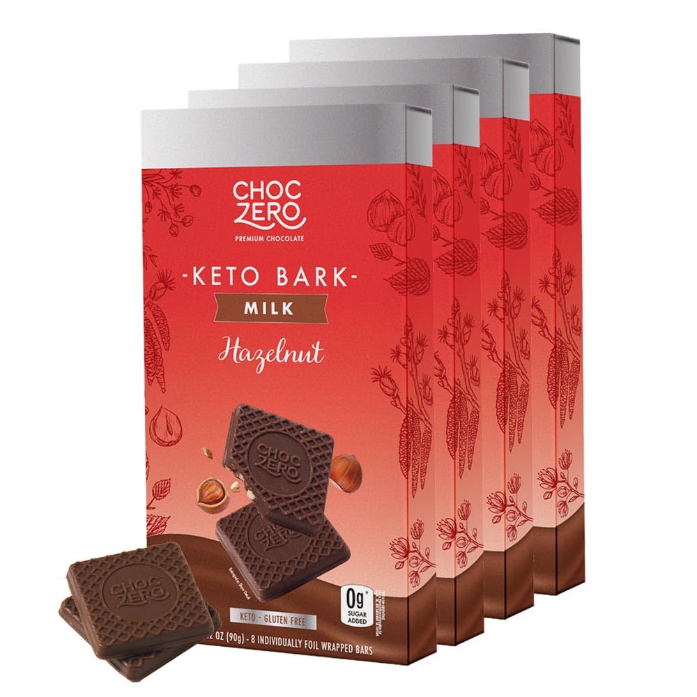 ChocZeroKeto Bark, Milk Chocolate Hazelnuts, No Added Sugar, Low Carb, No Sugar Alcohols, Non-GMO (6 bars/Bag)