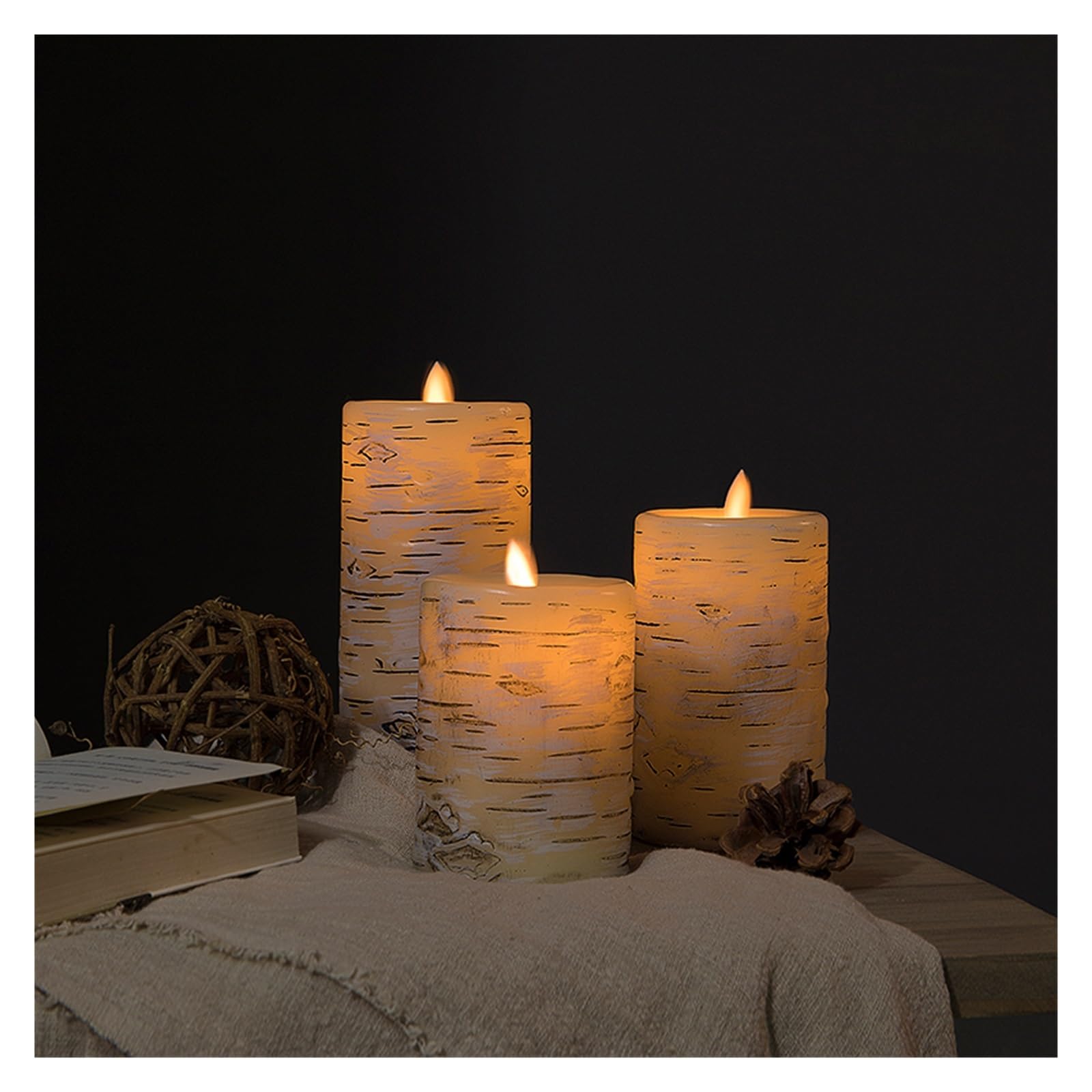 Candele senza fiamma Candele in corteccia di betulla Candele a LED, Candele alimentate a batteria con timer remoto, Candele elettriche finte in plastica, Set di 3