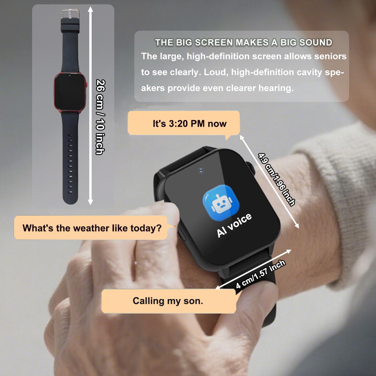 Pulsera Llamada Emergencia Para Personas Mayores, Reloj Inteligente Con Múltiples Idiomas Y Alerta SOS, Videollamadas HD, Relojes Para Personas Mayores/padres MayoresBlack,1.95*1.57*0.47 inch