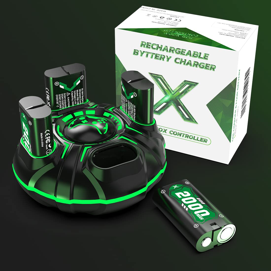 Lot de 4 batteries rechargeables 2000 mAh avec chargeur pour Xbox One S/Xbox One X/Xbox One Elite sans fil, protection intelligente durable