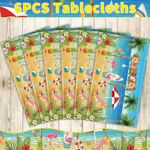 Image of 6 Pack Beach Theme Party Tablecloth Aloha Luau Hawaiian Birthday Table Cloth Flamingo Surfboard Table Cover Disposable Pool Decorations for Baby Showers Seaside Beach Pool Party 86x51 in
