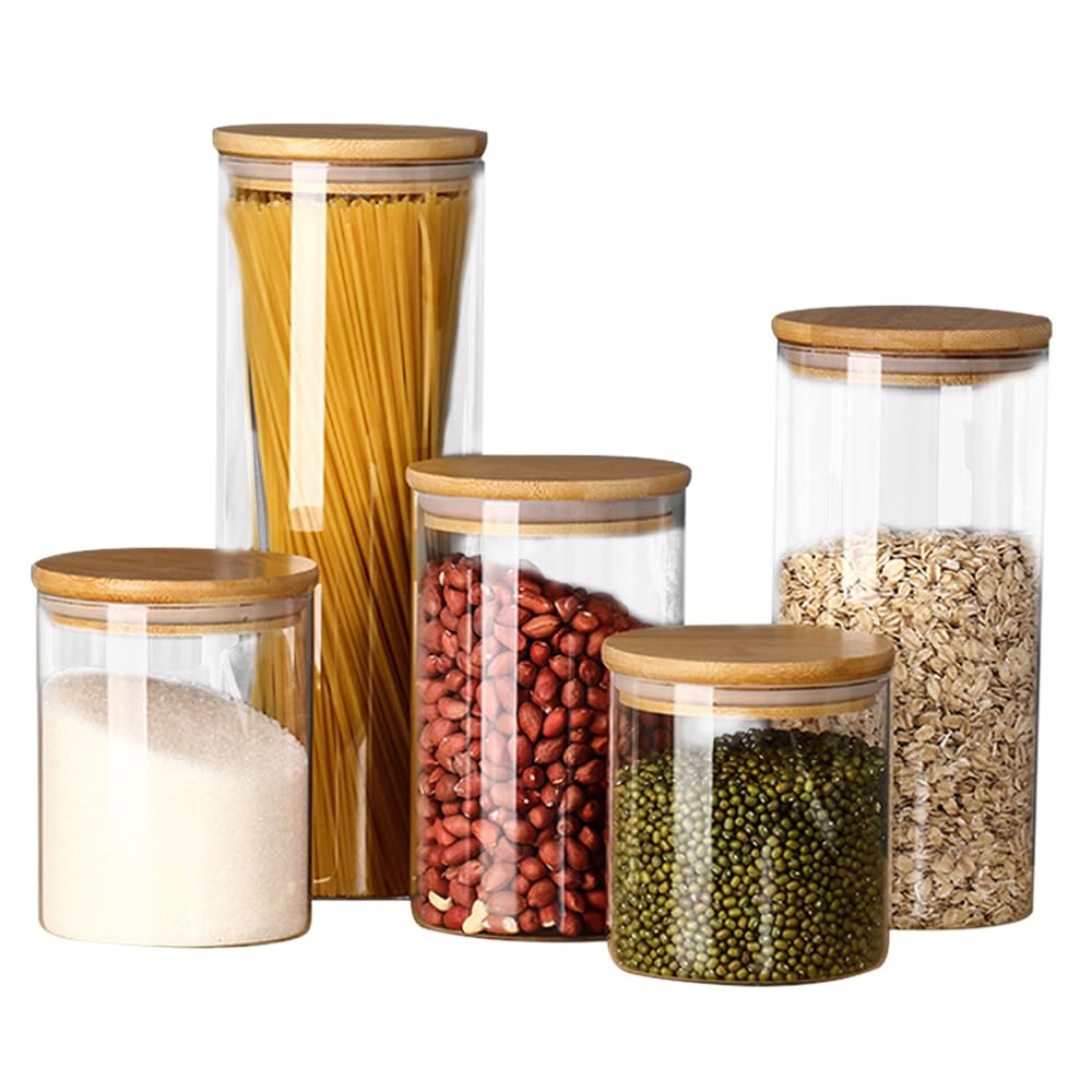 Kavolet 5 Stück Vorratsgläser aus Glas,Vorratsgläser mit Deckel,Vorratsdosen Set mit 24 Etiketten und Markierungsstift,Aufbewahrungsgläser,stapelbar für Süßigkeiten Reis Zucker Mehl Nüsse Gewürzgläser