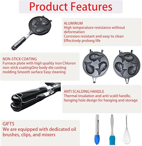 Miniatura 2 de Taiyaki Maker - Molde para pastel de pescado con forma de molde para tartas, molde para hacer pan, molde doble para cocinar en casa, con forma de