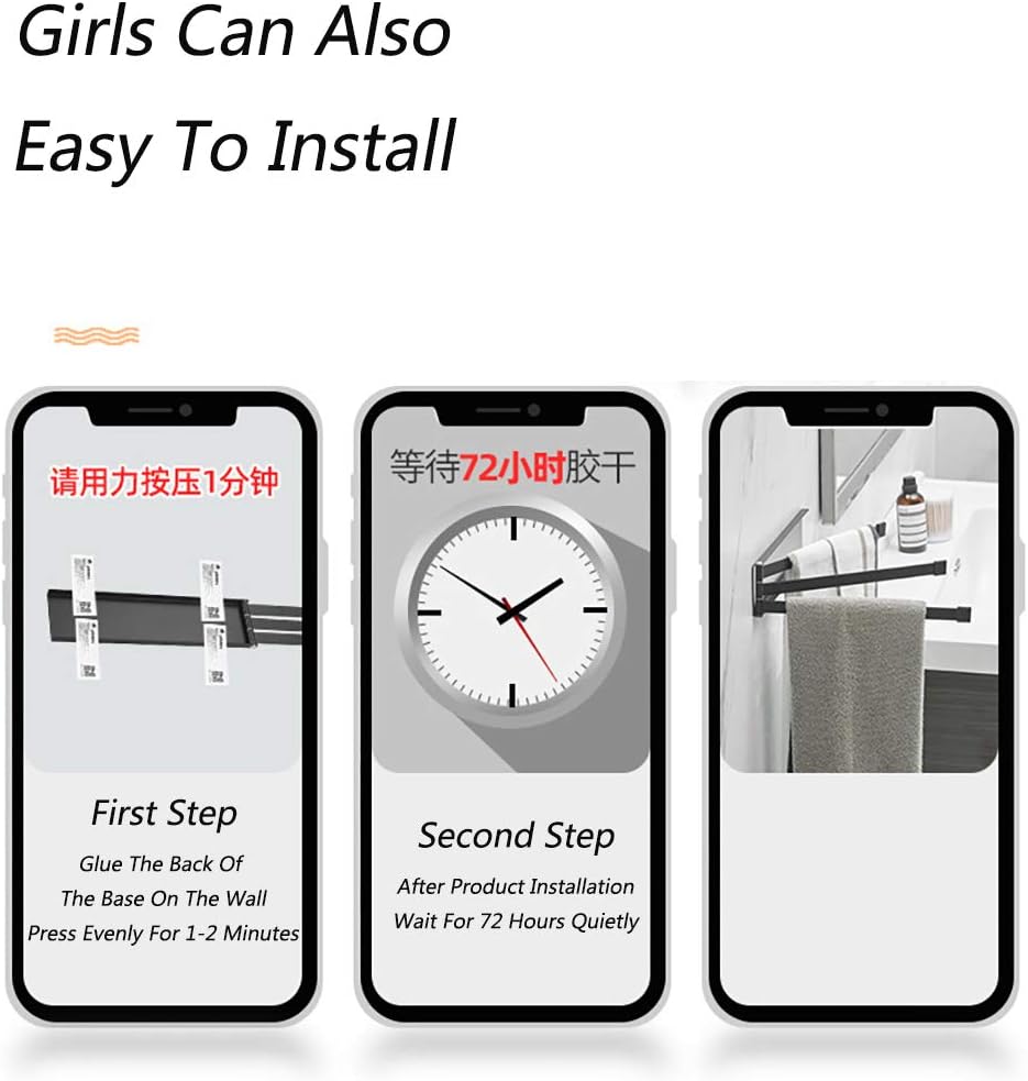 2Pcs Self Adhesive Hand Towel Rail Set Metal Holder with Wooden Rod Wall Mounted Towel Rack for Bathroom Iron Sheet and Abs Material Space Saving Organizer for,Black-40 cm