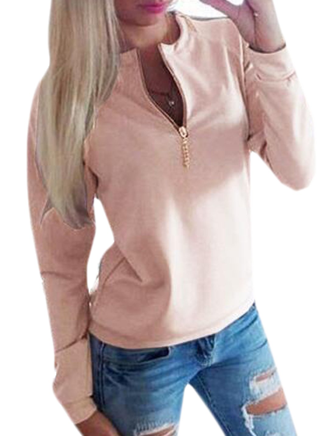 Womens Round Neck Long-Sleeved Sweater Jacket Zipper Shirt pink US M