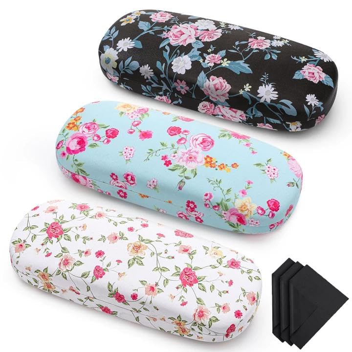 3 PCS Hard Shell Glasses Case, PU Leather Glasses Case with Cleaning Cloth Travel Portable Eyeglass Case Floral Spectacle Cases for Women Girl Men-image-34
