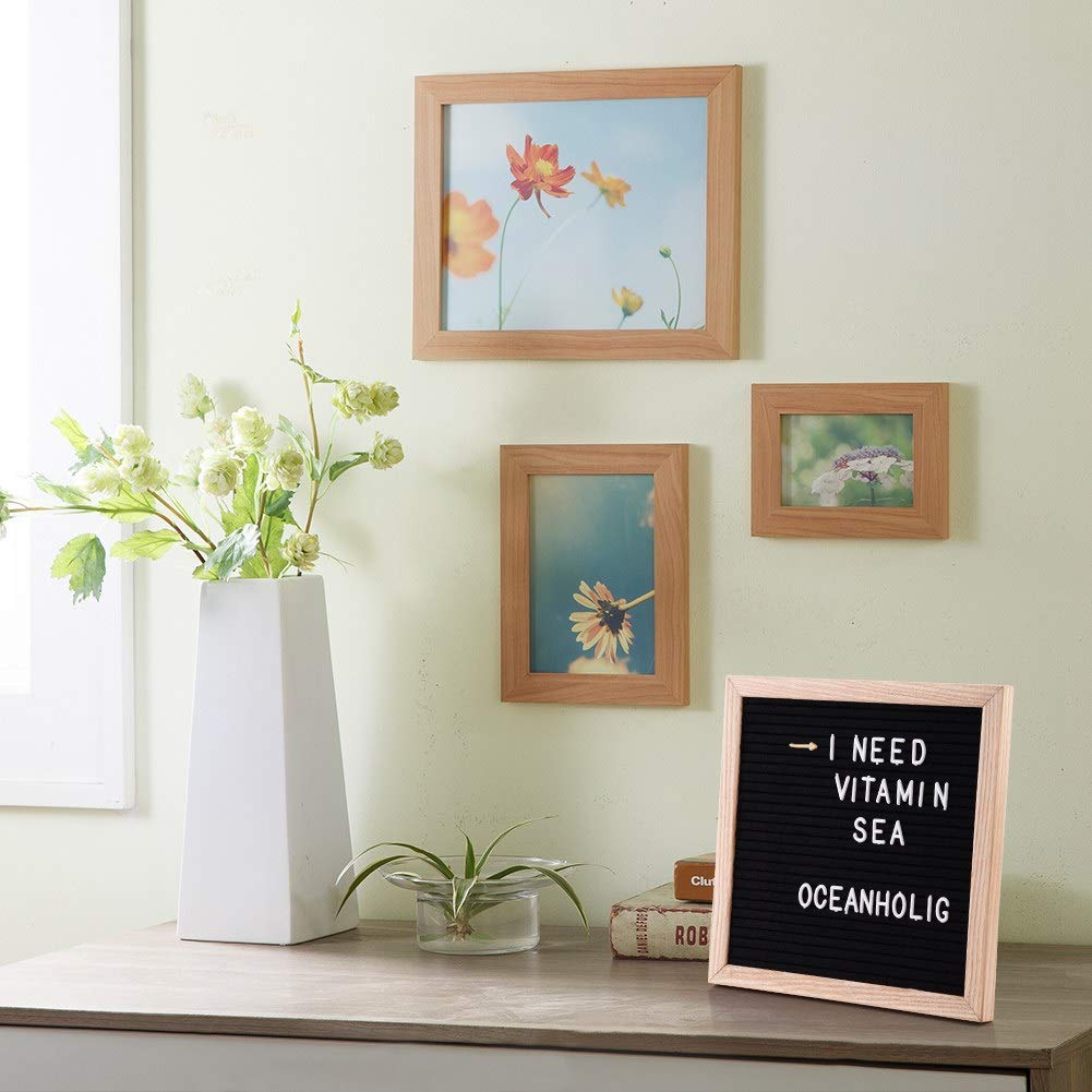 Tablero de letras de fieltro negro con 326 letras blancas intercambiables, marco de roble premium de 10x10 pulgadas para decoración del hogar, oficina, aula, restaurante