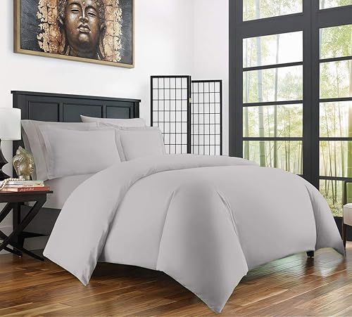 Miniatura 16 de Funda de edredón de 600 hilos de 98 x 98 pulgadas, 100% algodón egipcio con cierre de cremallera y lazos en las esquinas, patrón sólido, 1 funda