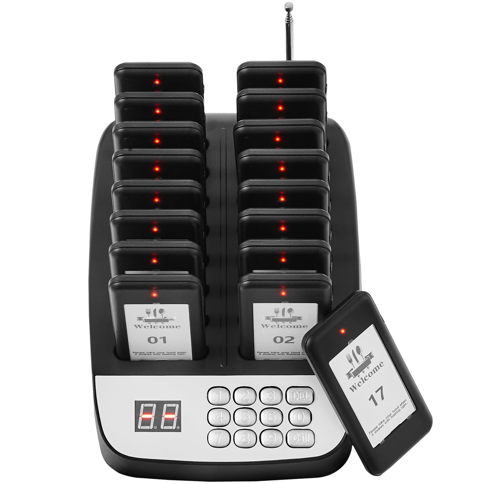 Happybuy Restaurant Pager System, Wireless 500m Range, 16 Call Beepers with Vibration & Flashing for Guest Queue, Food Truck, Church, Nursery, Hospital