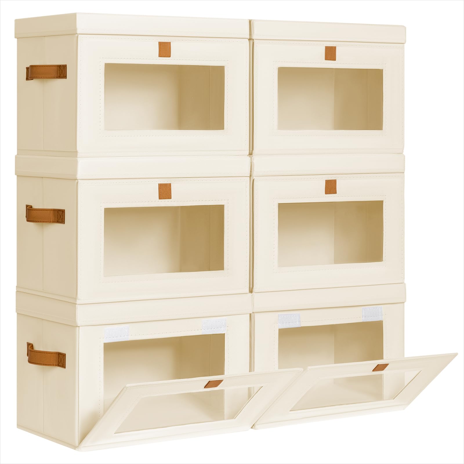 Homsorout Aufbewahrungsboxen mit Deckel - 6er Set Aufbewahrungskorb Stoff Faltbare Aufbewahrungsbox mit Transparentem Sichtfenster, 35 x 25 x 25 cm Faltbox für Kleidung, Würfelregal, Beige