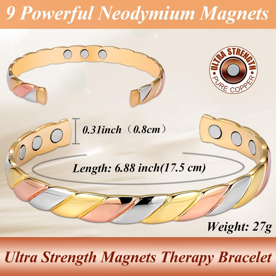 Copper Bracelets for Women Pure Copper Bracelet Cuff Bangle Strength Magnet Adjustable - Image 3