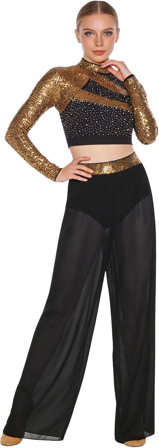 Lyrical Dance Dress for Women Sequins Crop Top + Chiffon Sheer Pants Ballet Contemporary Dance Costume Gold XX-Large
