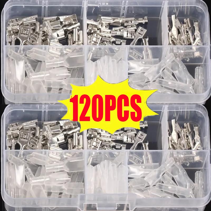 Kit assortimento di 120 connettori maschio e femmina isolati da 2,8/4,8/6,3 mm per terminali a crimpare elettrici.