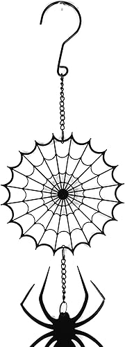 Miniatura 5 de Ebros Gift Telaraña de arácnido, telaraña, telaraña, negro, acero recubierto de metal, para colgar en la pared, carillón de viento con cuentas,
