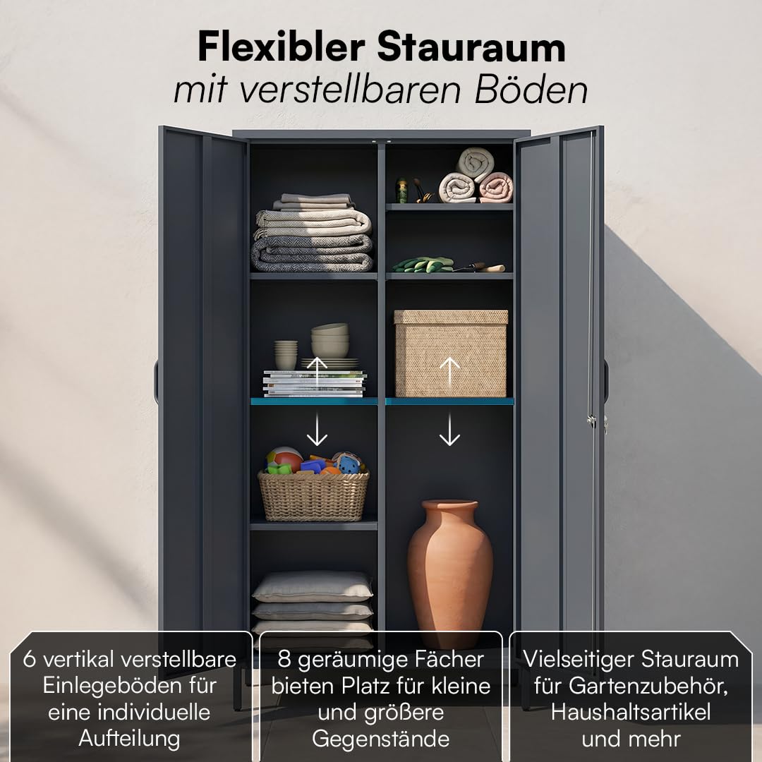 STEELSØN Menkent Outdoor Schrank aus Metall 170x80x45 cm wetterfest Doppeltür Schloss 8 verstellbare Fächer anthrazit