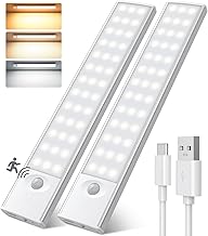 Kitchen LED Under-Unit Light, 78 LED Cabinet Lighting with Motion Sensor, 3 Colour Modes & Continuous Dimming, 2500 mAh Rechargeable Battery, Under Cabinet Lighting for Wardrobe/Stair/Aisle, Pack of 2