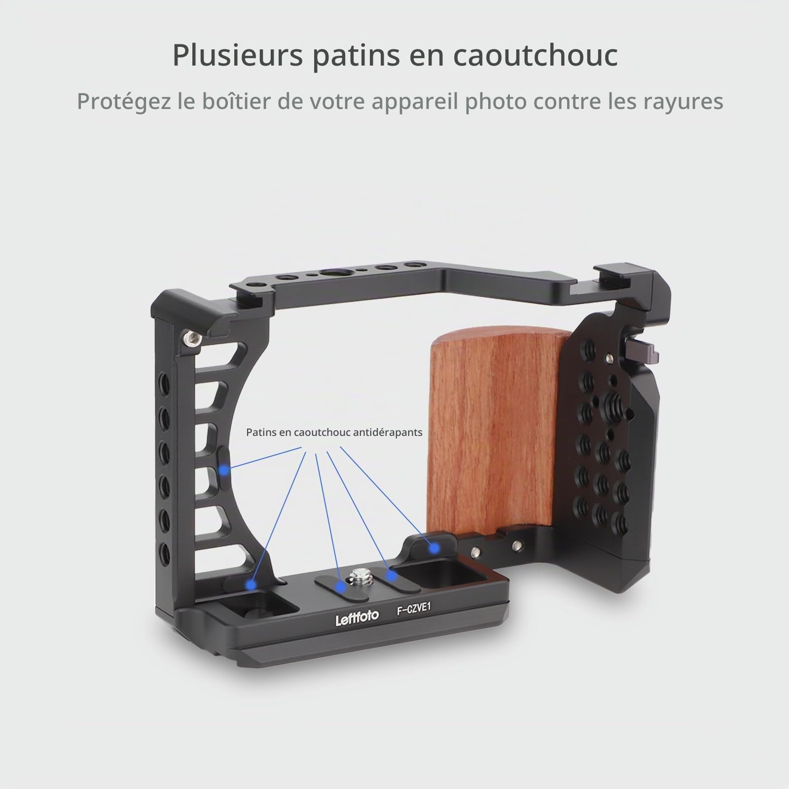 Leftfoto ZV-E1 F-CZVE1 Cage pour caméra complète avec poignée en bois pour cadre de prise de vue vidéo Sony Alpha ZV-E1 avec base de type Arca de 3/8" trous ARRI à double verrouillage