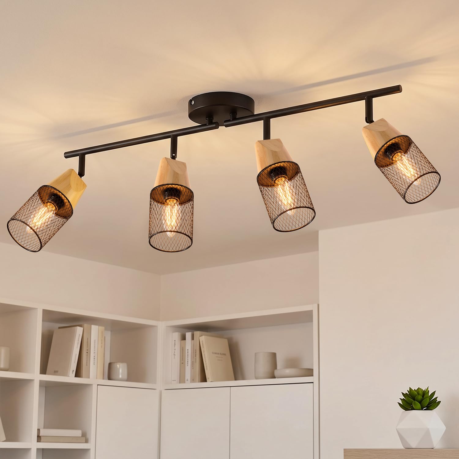 ANWIO Faretti Soffitto Orientabili, Faretti Legno Soffitto 4 Luci, Plafoniera da Parete E14 Nero, Faretto LED Interno Illuminazione per Barra, Salotto, Cameretta, Cucina, Corridoio (Senza Lampadina)