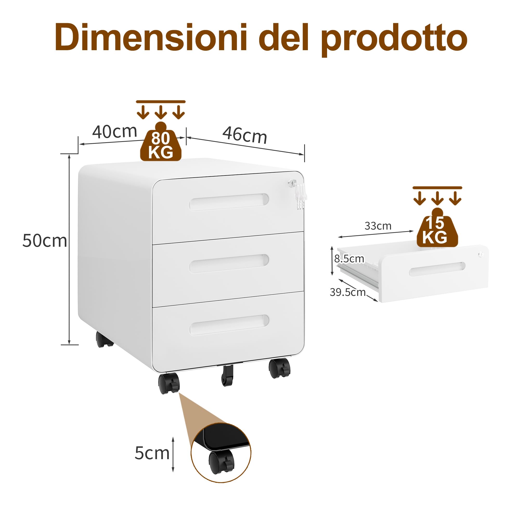 Cassettiera Scrivania Mobile, Cassettiera con Serratura, 4 Chiavi, 3 Cassetti, in Acciaio, Angoli Arrotondati, Preassemblato, 46P x 40l x 50H cm, Bianco