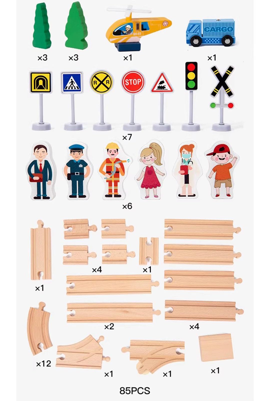 Montessori - Set di piccole piste dei treni, accessori ferroviari assemblati (85 pezzi)
