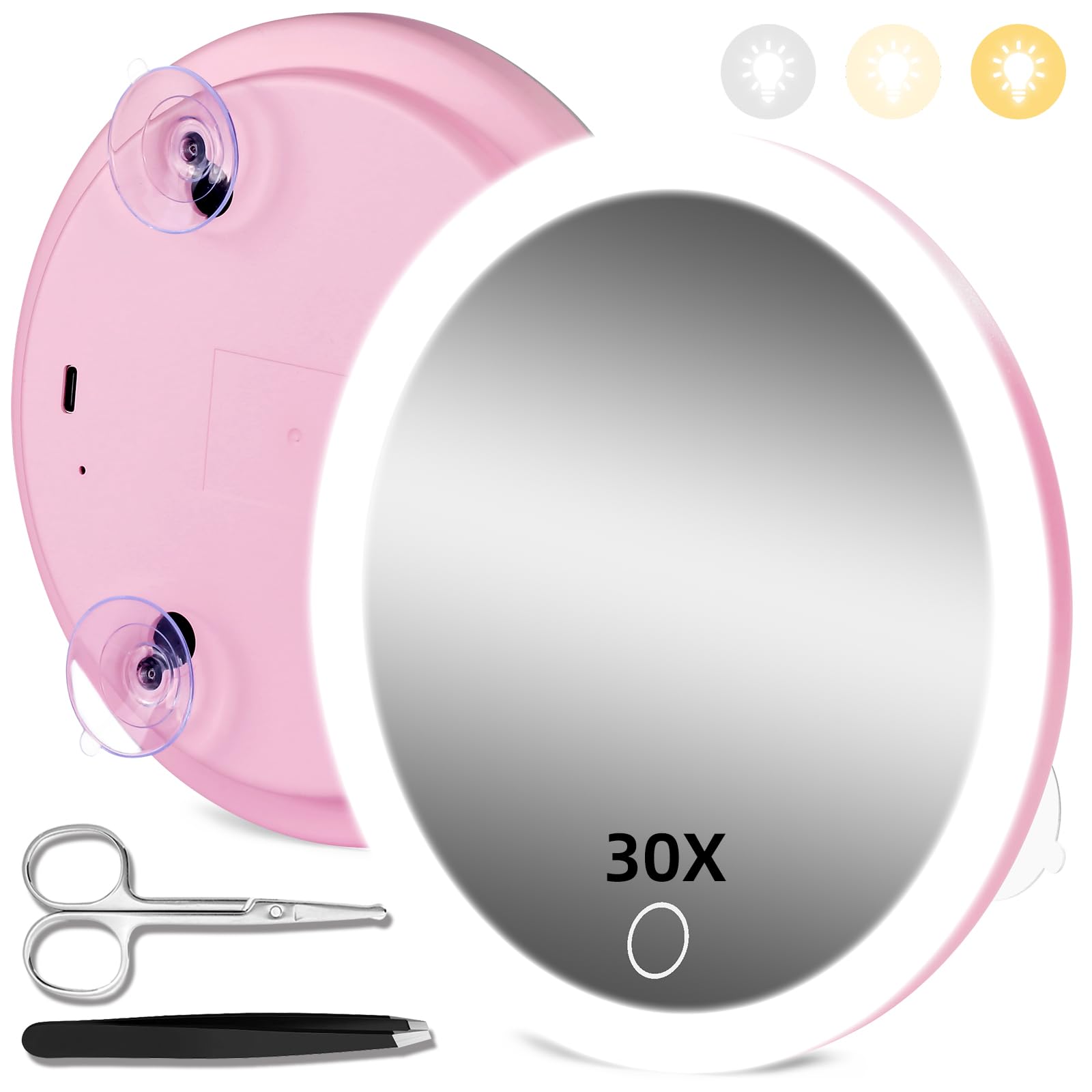 JJhxr 30X Concave Magnifying Mirror with Lights, 3-Color Light Adjustable Brightness, 6inch Travel Magnified Mirror with Suction Cups, Large 30x High