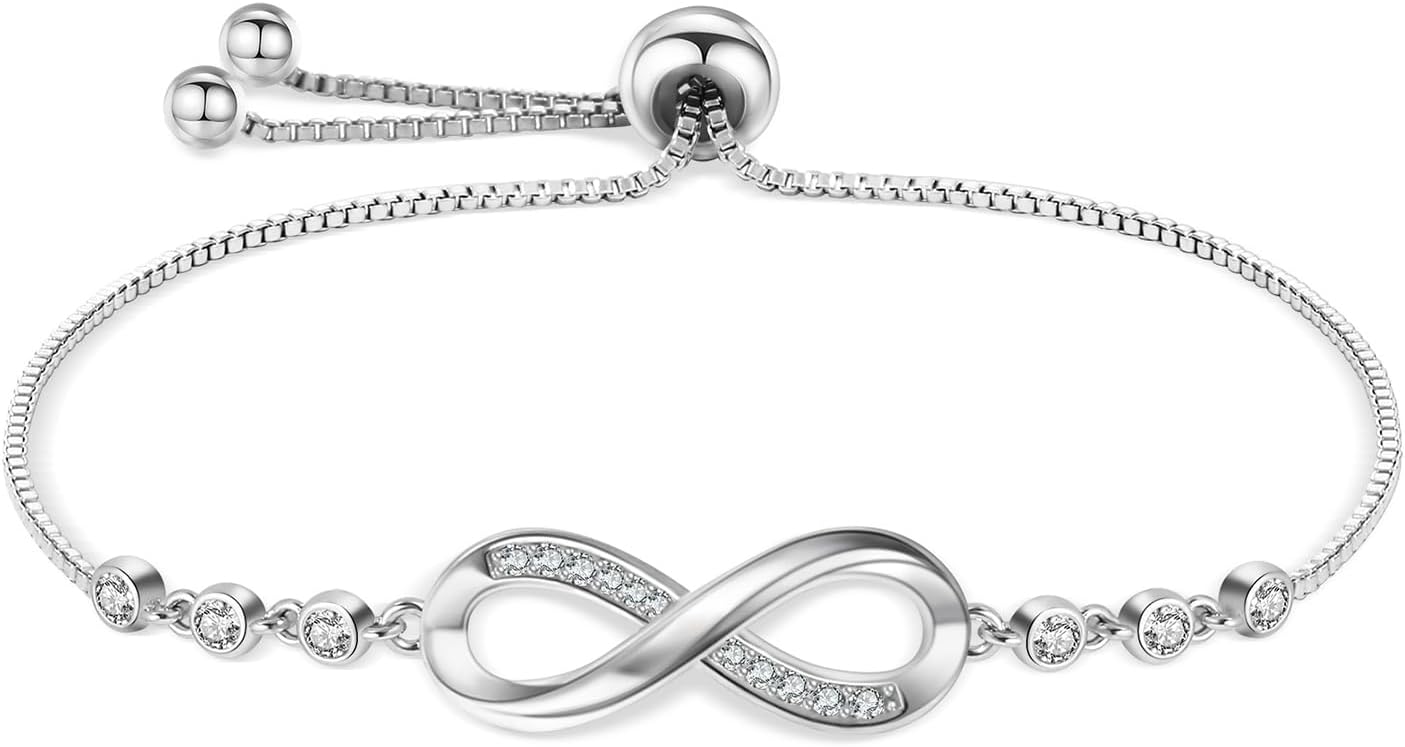 Double Heart 925 Sterling Silver White Gold Plated Bracelet Cubic Zirconia Paved Adjustable Infinity Bracelets,Anniversary Birthday Jewellery Gift for Women