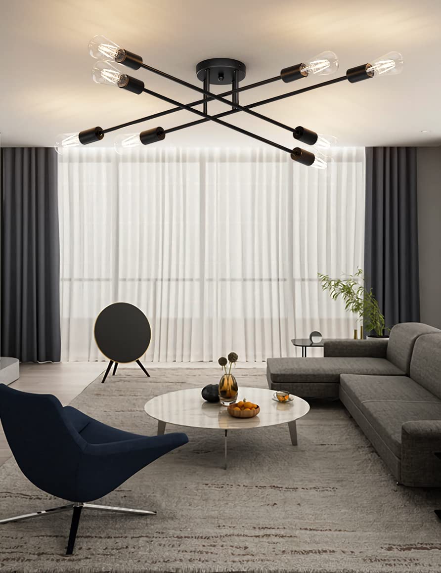 Tipace Black Sputnik Flush Mount Ceiling Light Fixture 8 Lights Sputnik Chandelier Farmhouse Lighting for Kitchen, Living Room, Dining Room, Bedroom, Home Office (Bulb Excluded)