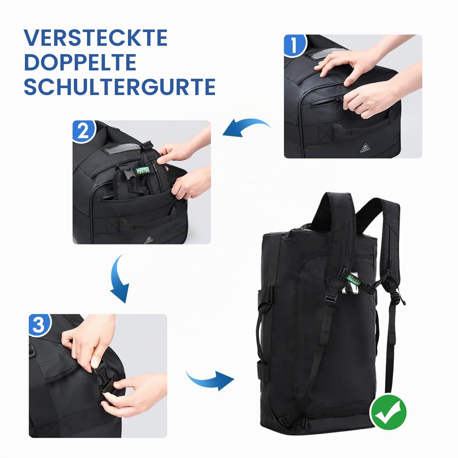 Haimont Reisetasche Sporttasche mit robusten Reisetaschen für Männer und Frauen, Camping mit umwandelbaren gepolsterten Rucksackträgern, Overnight, Wasserdicht, 90L/Schwarz