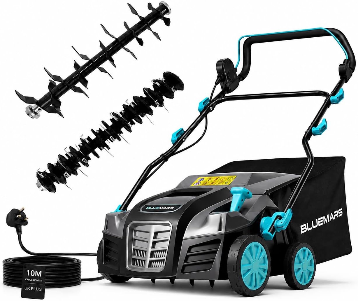 Bluemars 2000W Lawn Scarifier and Aerator, 40CM Working Width Electric Lawn Rake,5 Positions,55L Grass Box, Folding Handle,10M Power Cord