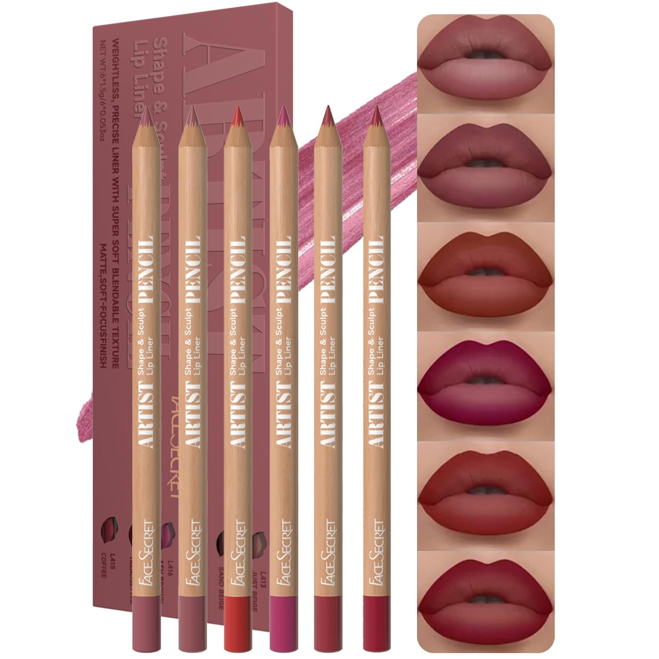 Beauty Glazed 6pcs Nude Brown Lip Liner Makeup Set - Waterproof & Smudge-Proof Matte Pencil, Long-Lasting & Durable, Smooth & Easy Glide, Non-Smudge, Contouring, Filling & Layering (PINK-ROSY Set) PINK-ROSY Set 6 Count (Pack of 1)