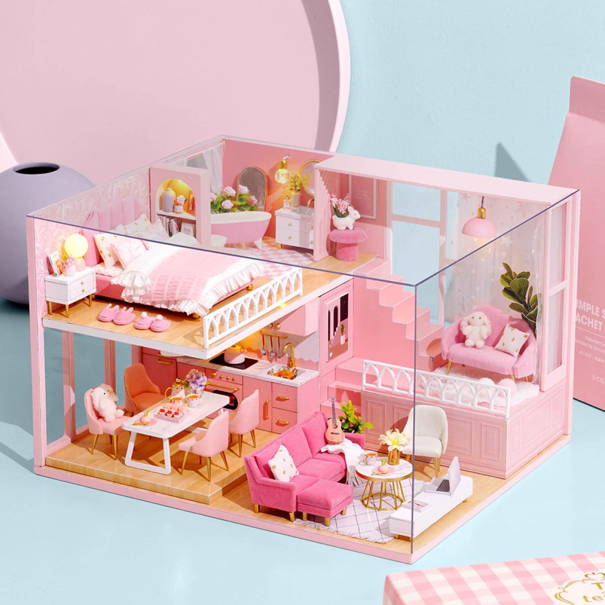 Casa delle Bambole Fai da Te in Legno e Carta Creativa per Ragazzo Ragazza | Gioco Immaginativo, Design Elegante, per Famiglia e Soggiorno, Costruzione Facile da Montare e Semplice