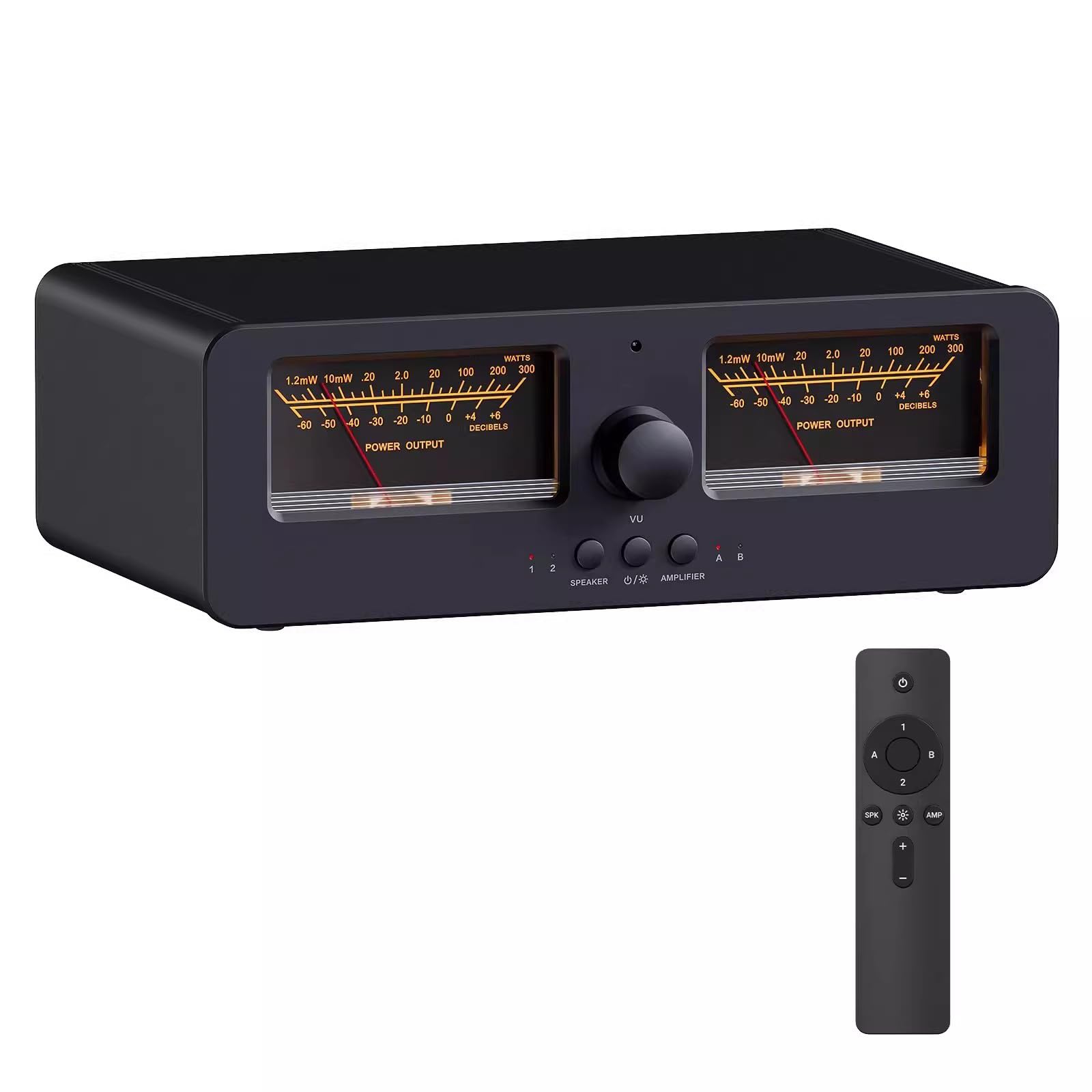 Conmutador de audio, amplificador de 2 vías con medidor dual VU y control remoto para amplificadores estéreo de alta fidelidad y altavoces pasivos
