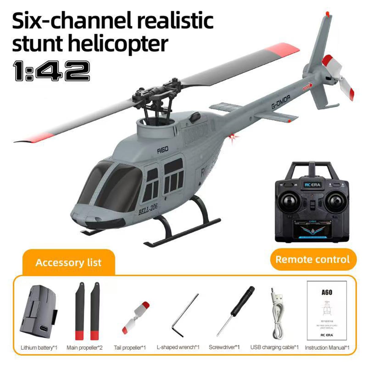 A60 1:42-Maßstab RC Helikopter, BELL206 90-Klasse 2,4G 4-Kanal Einzelrotor-Schwungarmfreier Mini-Ferngesteuerter Hubschrauber Für Erwachsene, Mit Optical-Flow-Höhenhalt (RTF-Version/Grau)