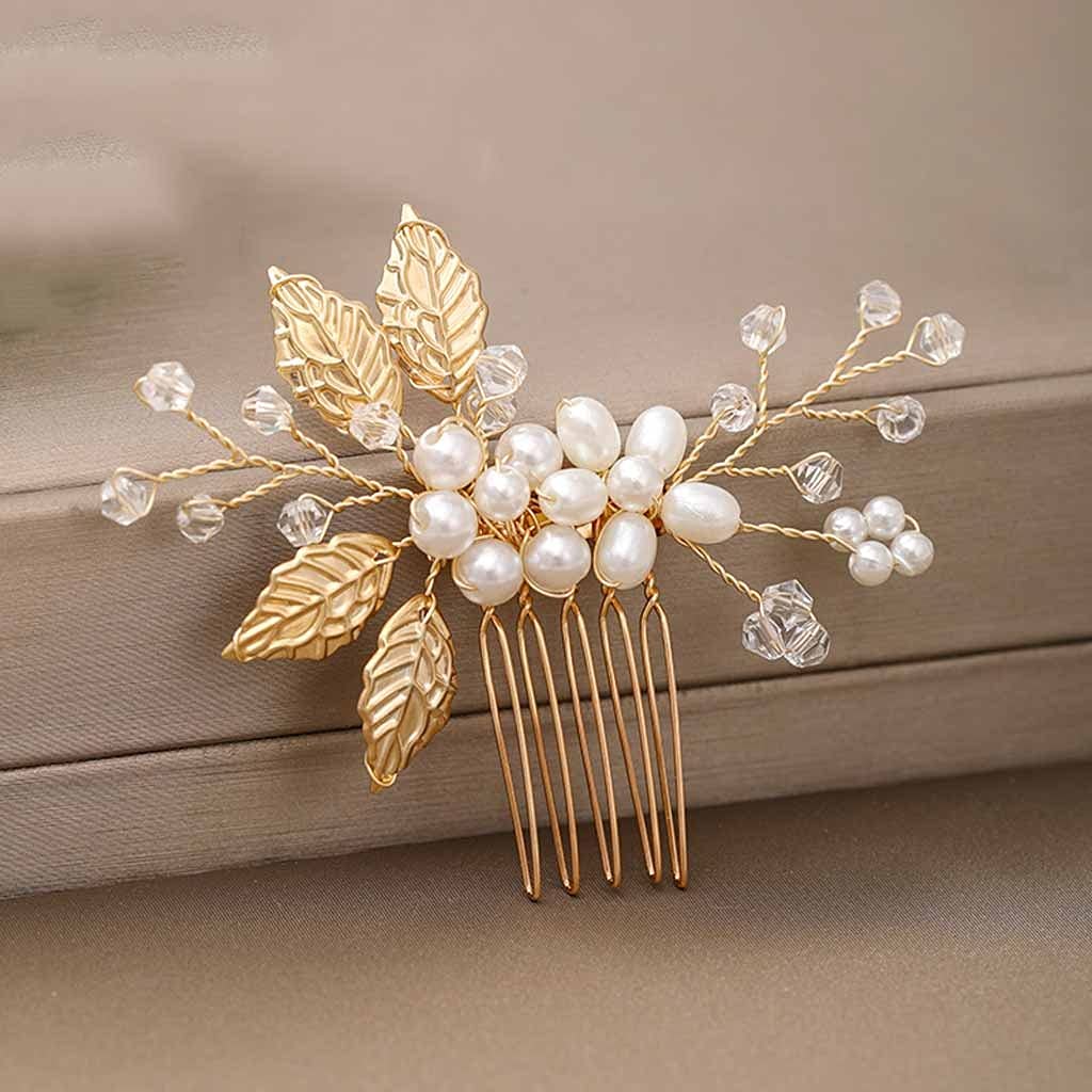 Accesorios para el cabello nupcial con perlas y hojas de oro set de dos piezas para novia