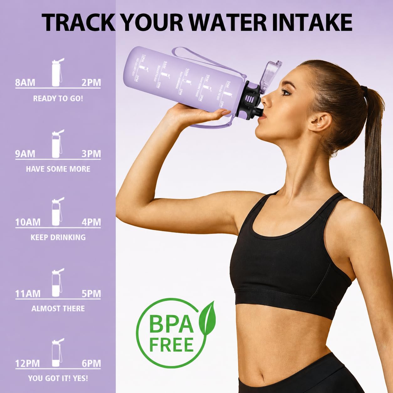 Gourde Sport, Conception Étanche Gourde 500ml, Avec échelle de Temps, Bouteille, Réutilisable, Légère, Gourde Graduée pour La Course à Pied, Le Vélo, Le Travail, Lilac clair