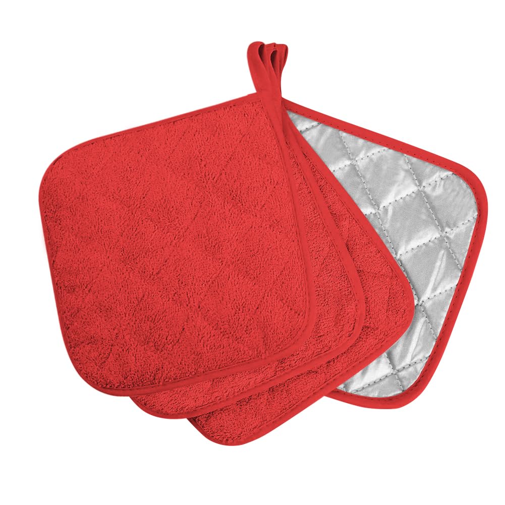 meioro 4-Pack Pot Holders for Kitchen High Heat Resistant Potholder, 100% Cotton Hot Pads, Quilted Terry Hot Pot Holder Set for Kitchens, Washable Trivet for Cooking Baking Black, 20×20cm (Red)