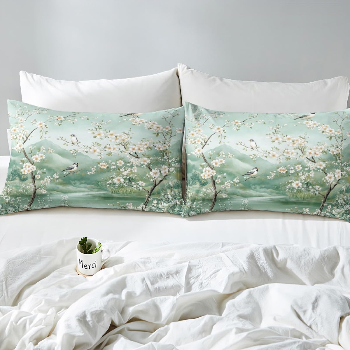 Homewish Juego de funda de edredón con diseño de flores de cerezo blanco, para niñas, con paisaje y vistas al lago, diseño de pájaros, tamaño doble