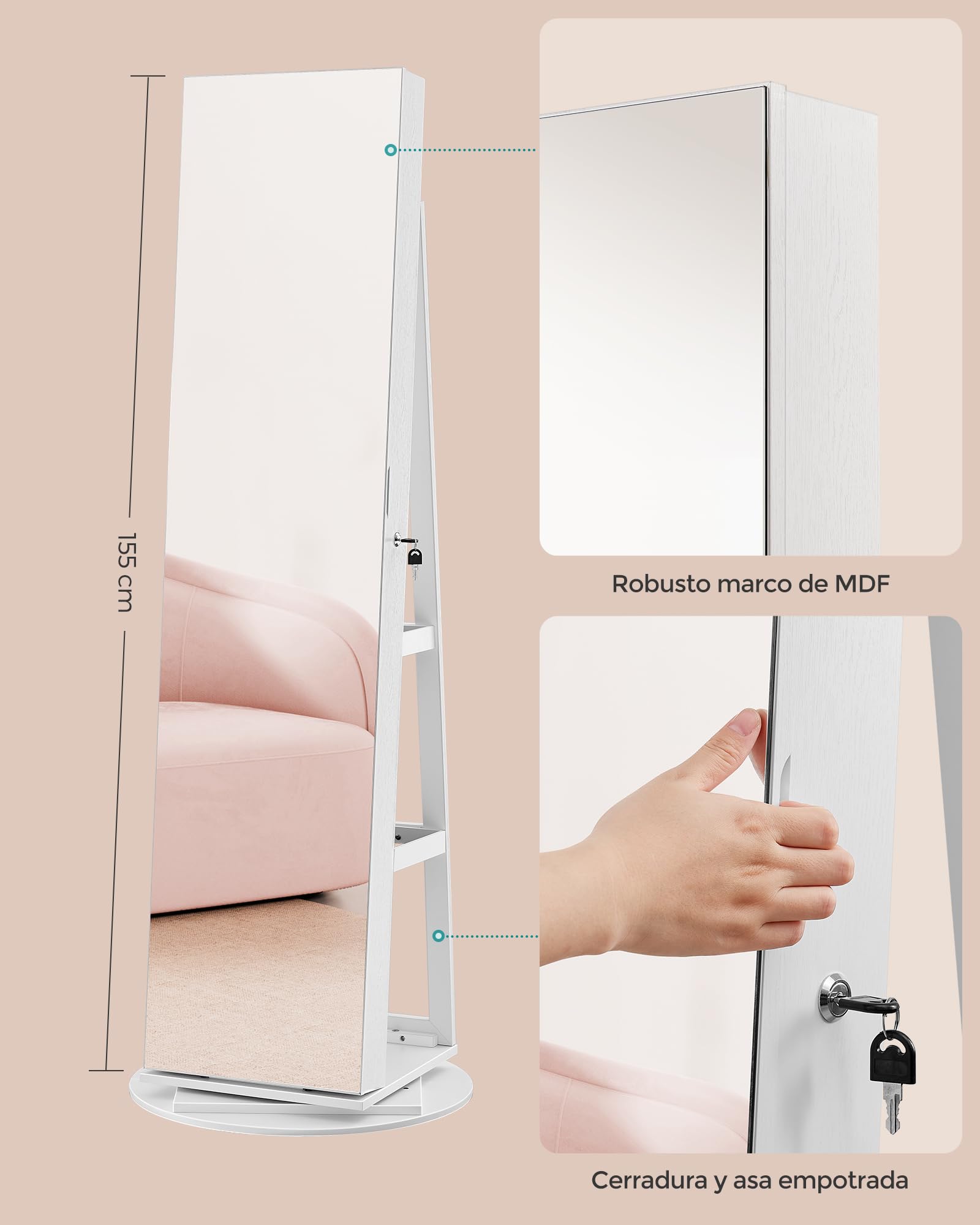 SONGMICS Espejo Joyero con 6 LEDs, Armario de Joyas de Giro de 360°, Organizador de Joyería Giratorio, sin Marco, Espejo Completo, 3 Estantes, Superficie Blanco, Forro Greige JJC007W02