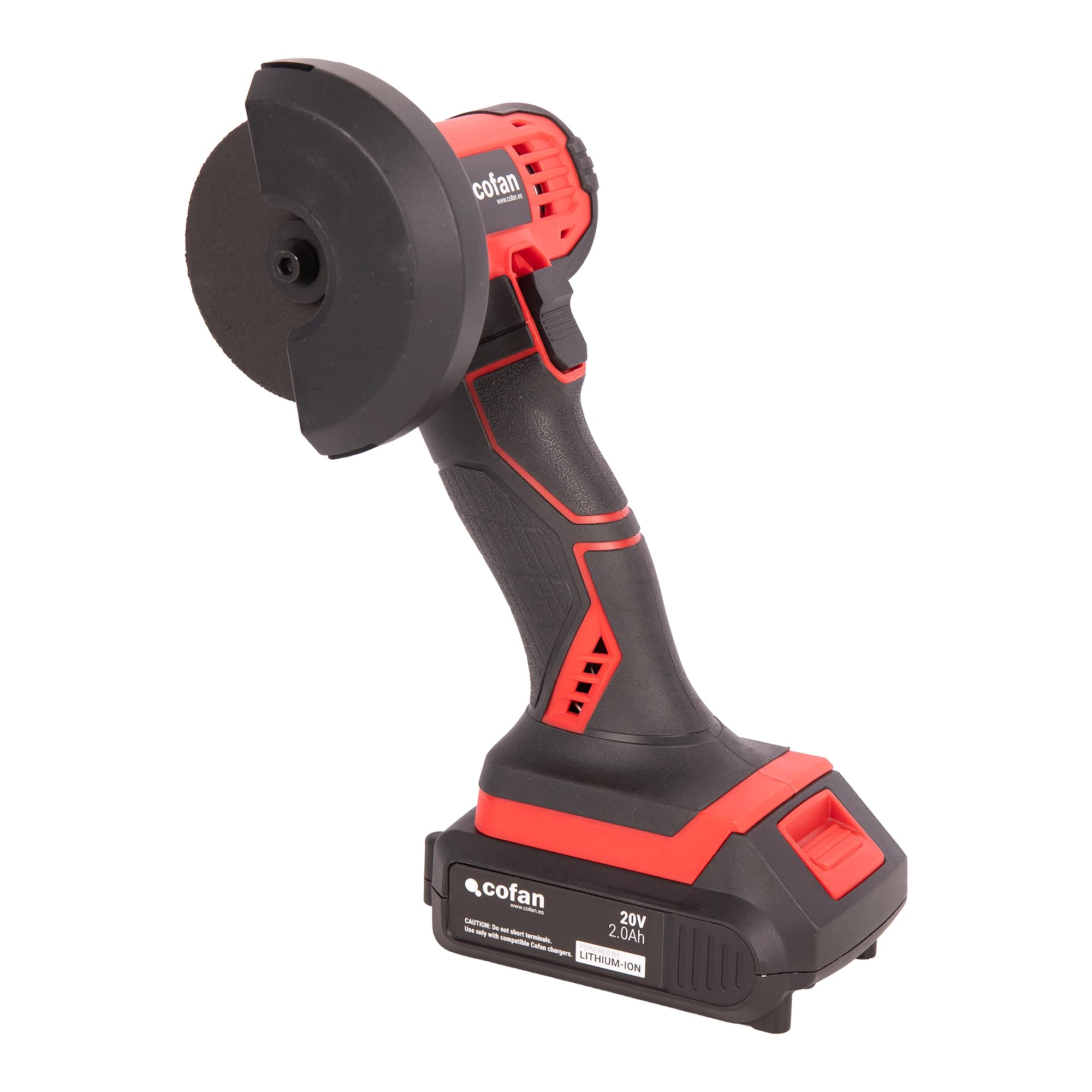Cofan Mini amoladora a batería | Potencia: 20 V | Adecuada para discos de 76 mm | 19.500 rpm | Empuñadura de 3 posiciones | Compacta y ligera | Batería y cargador incluidos