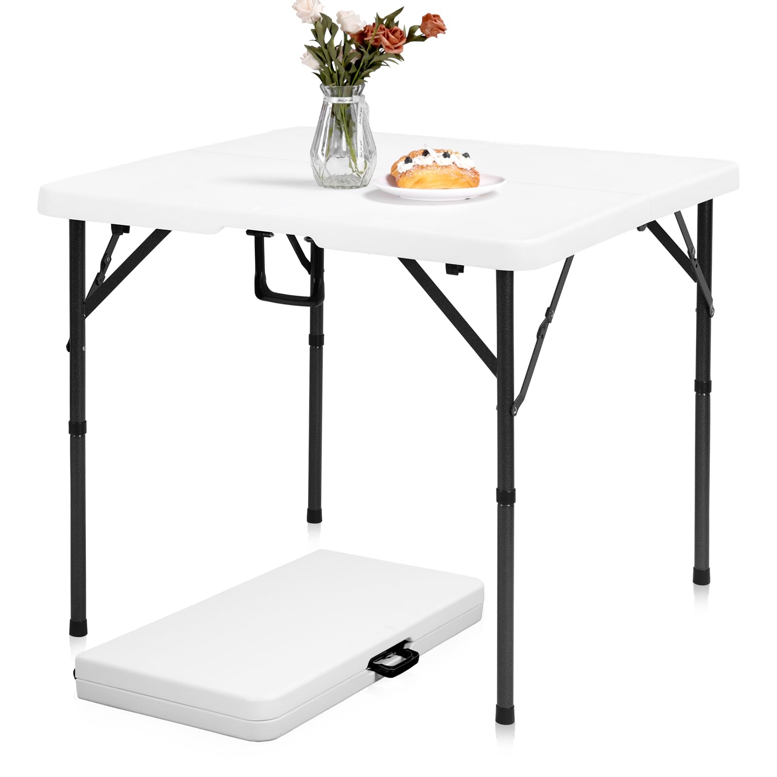 pollilar 34" Folding Card Table Square Foldable Table Plastic Portable with Detachable Legs, Dual Height Adjustable, Heavy-Duty Indoor Outdoor Dining,