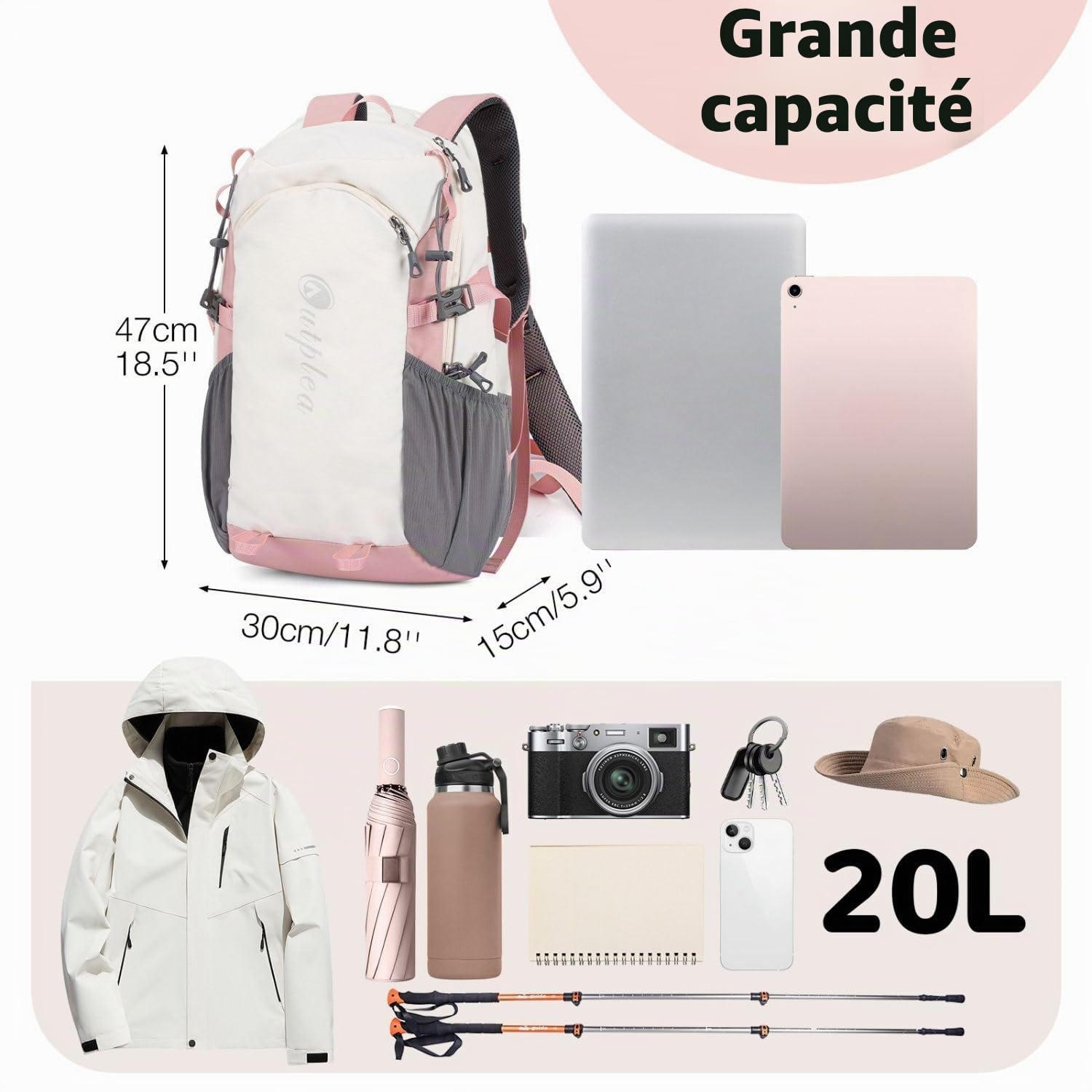 Sac à Dos de Randonnée Léger et Multifonctionnel 20L pour Femme, Sac a Dos Voyage Imperméable durable Sac de Sport Plein air Loisirs Camping Vélo-Rose