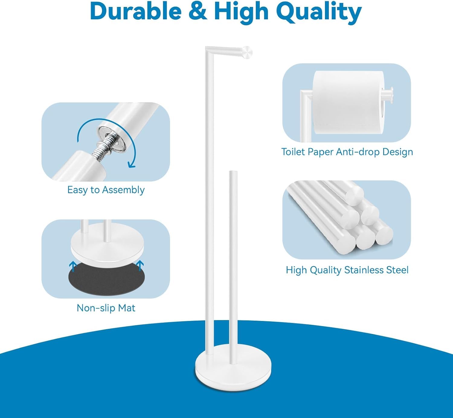 YUET Support de Papier Toilette, Porte-Papier Toilette sur Pied en Acier Inoxydable 304,Porte-Rouleau Autoportant pour Stockage Rangement Distributeur pour 5 Rouleaux avec Base Lourde,Blanc