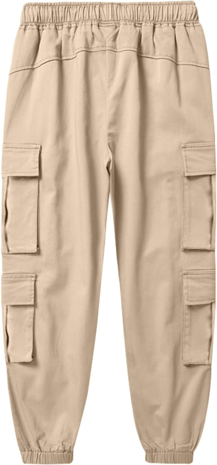 SHOOYING Boy's Cargo Pants Cotton Casual Elastic Joggers Trousers, 6-14 Years 6-7 Years I-khaki