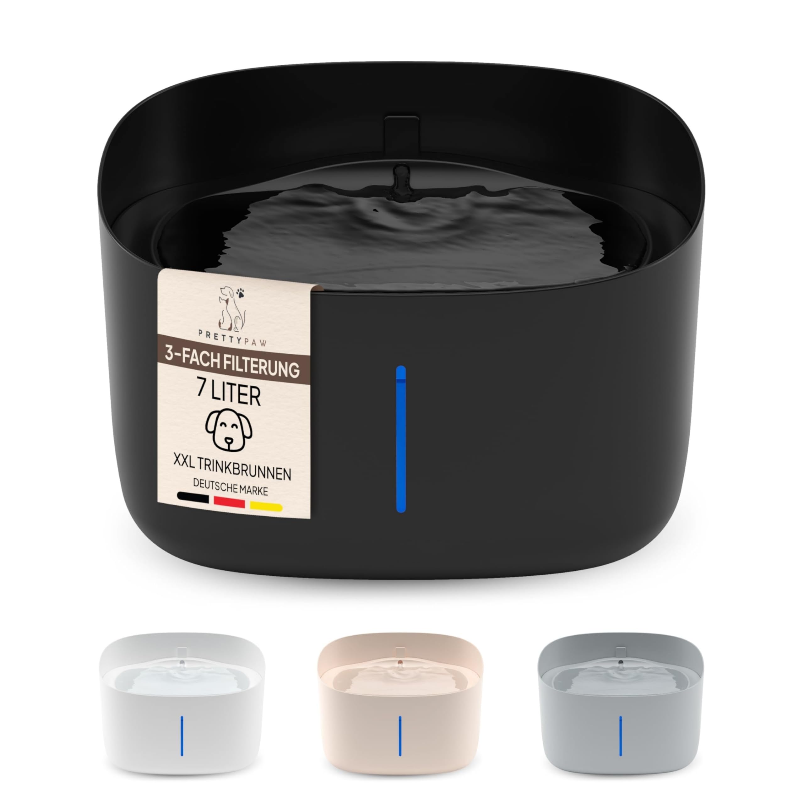 Pretty Paw Fuente para Perros 7L con Filtro y Nivel Visible - Dispensador Automático Silencioso Antisalpicaduras para Perros Grandes y Hogares Multi-Perro - Dog Stream (Negro)