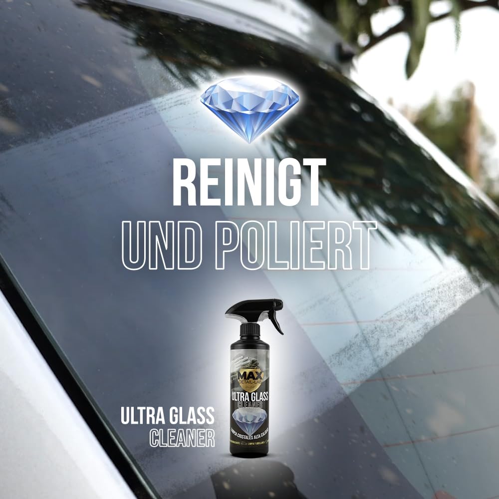 MAX DETAIL-LAB - Ultra Glass - Glasreiniger Auto Scheibenreiniger, Entfettungsformel, Saubere und Glänzende Scheiben, Regenabweiser, Fensterreiniger Innen Aussen, Detailing Car Cleaning Set, 500ml
