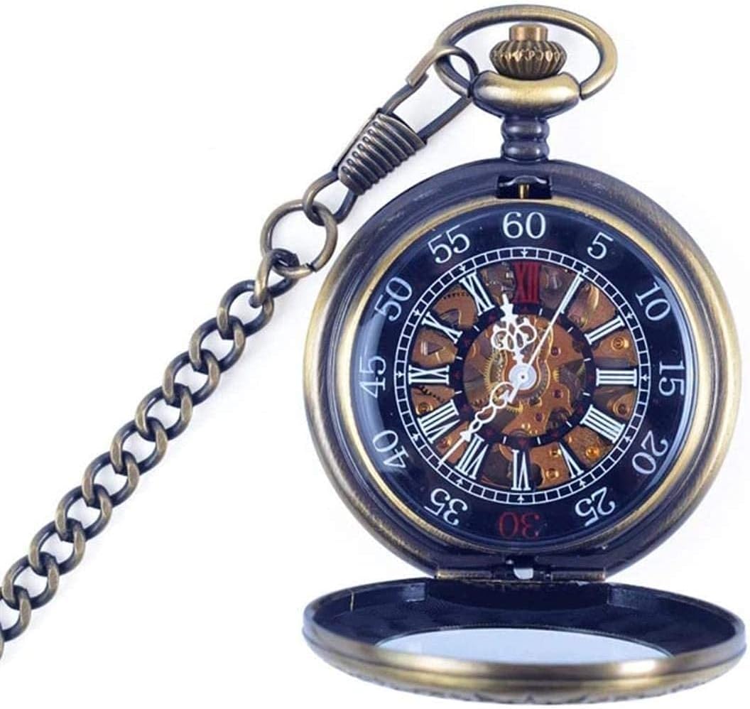 Pocket Watch, Mechanical Pocket Watch Mechanical Skeleton Pocket Watch with Chain As Valentine's Day Unisex Simple Retro Mechanical Watch