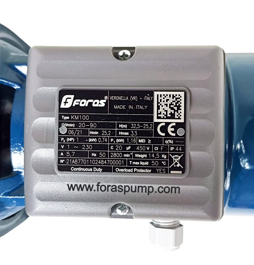 FORAS KM100 Pompe centrifuge super silencieuse fabriquée en Italie 230 V 0,74 kW 20-90 l/min 33-25 m