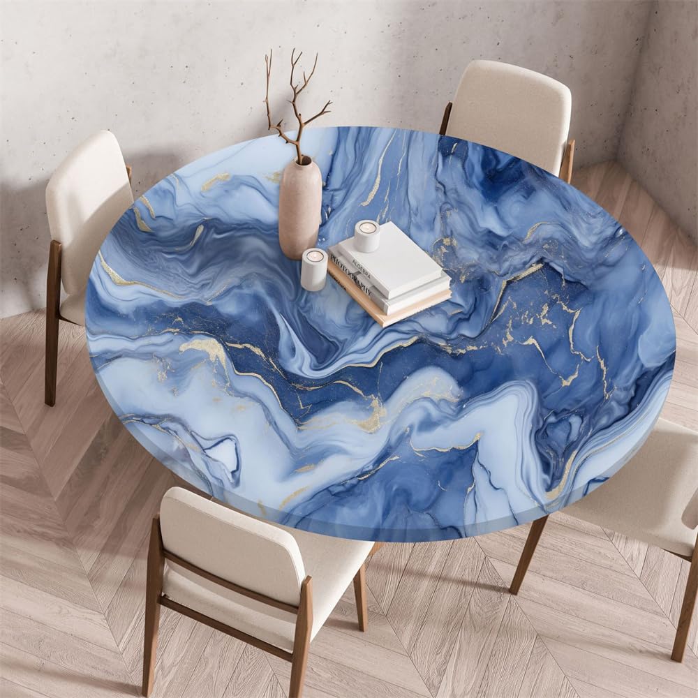 FANSU Marble Round Tablecloth Elastic Edged Fitted Wipe Wipeable Clean Table Cover,for Home Restaurant Dining Party,Indoor Outdoor Patio Use (90cm,Blue)
