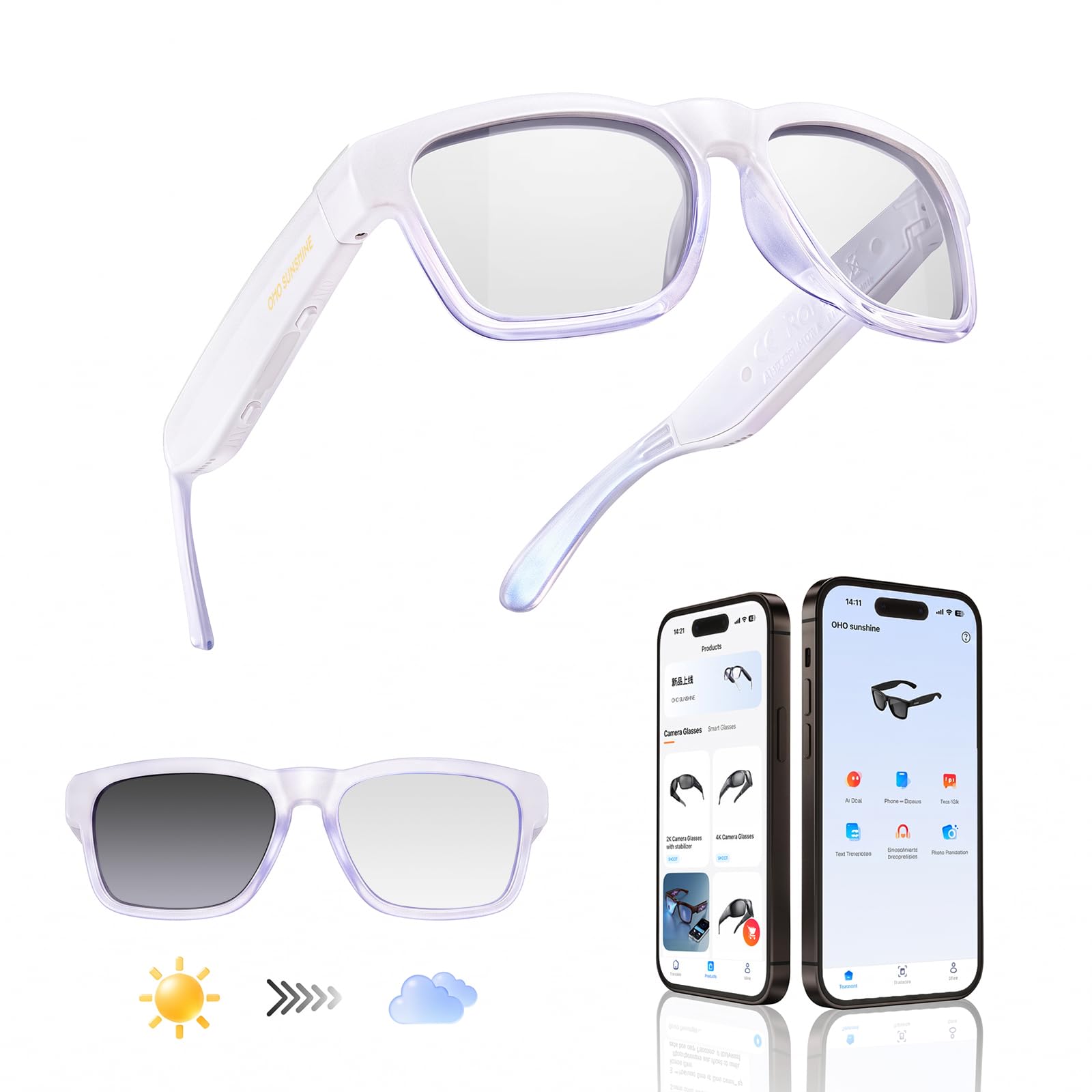 OHO AI Smart Glasses-Photochromic Open Ear Bluetooth Audio Sunglasses