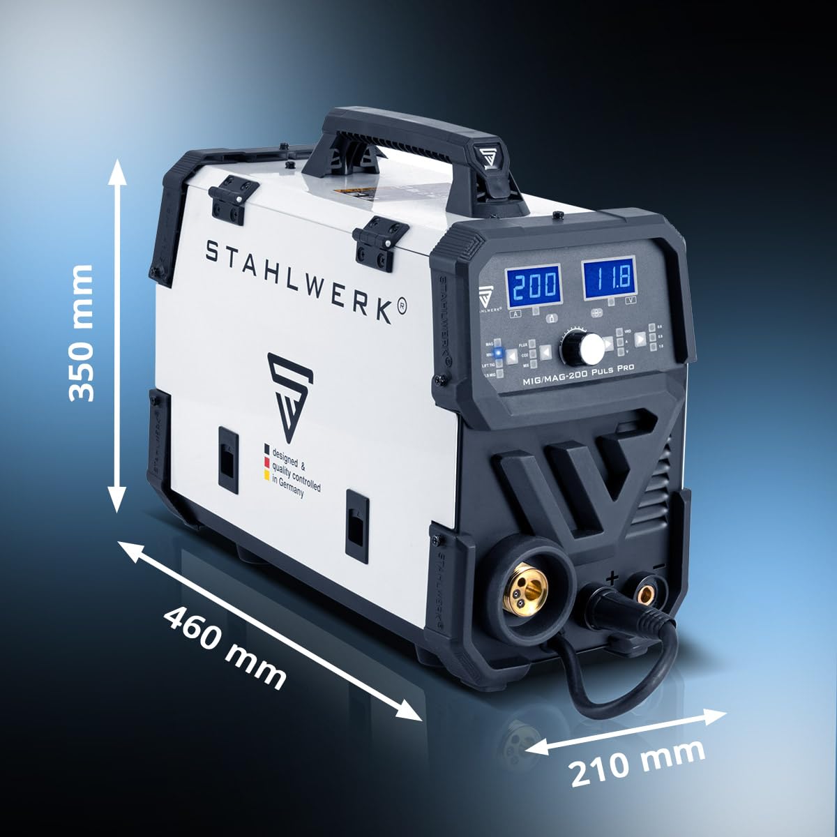 STAHLWERK Schweißgerät 5-in-1 Kombi MIG/MAG 200 Puls Pro – vollsynergisch Schweißen bis 200 A, FLUX (Fülldraht), Lift-TIG, MMA (ARC) und Puls-MIG für Aluminium in einem Gerät, 4-Rollen-Antrieb, IGBT